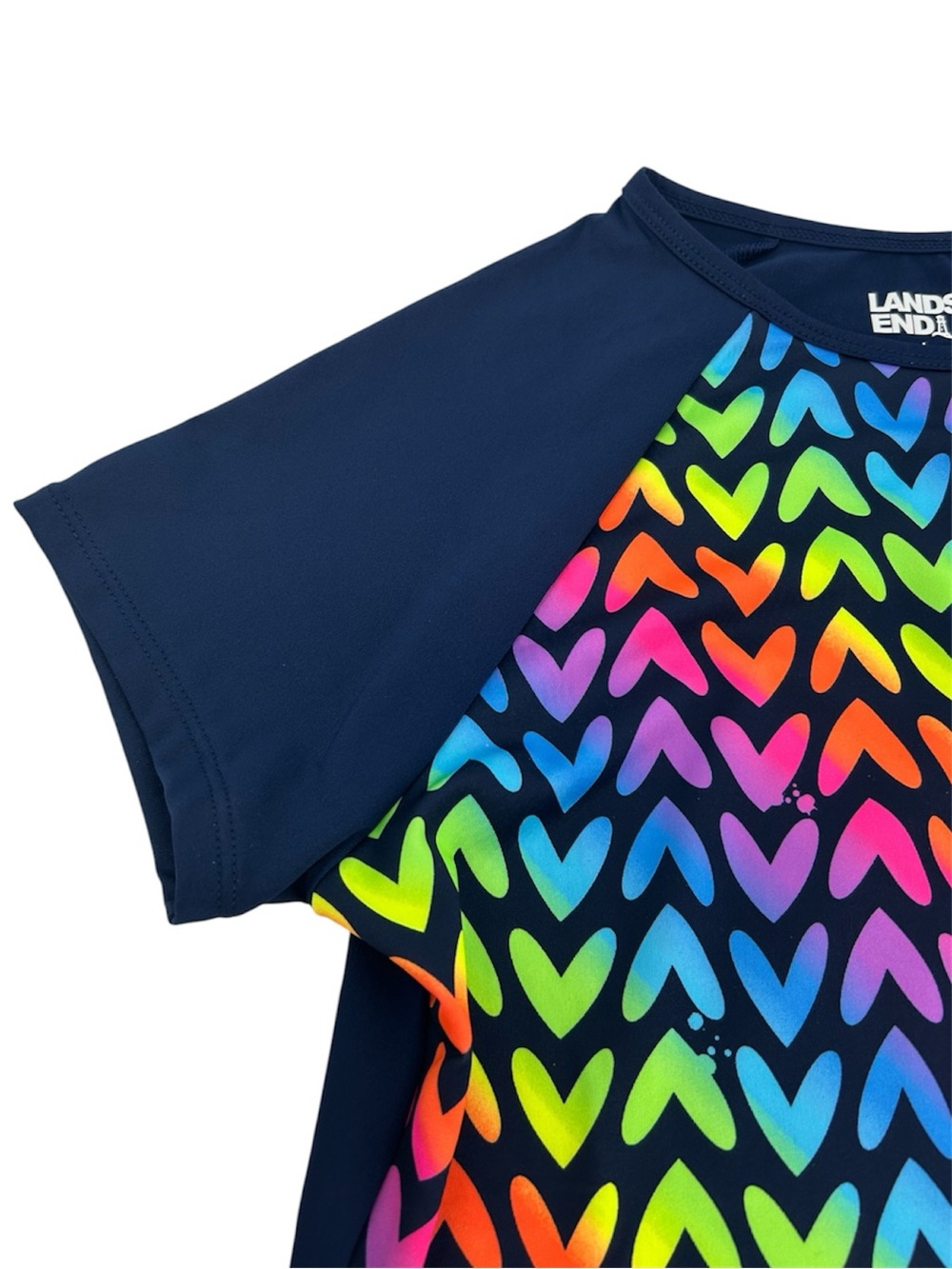 Lands’ End Girls’ Rainbow Heart UPF 50 Raglan Short Sleeve Rashguard Swimshirt - Picture 2 of 10
